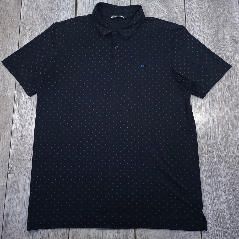 Travis Mathew Polo Shirt Mens Large Black Blue Geometric Print Short Sleeve Golf